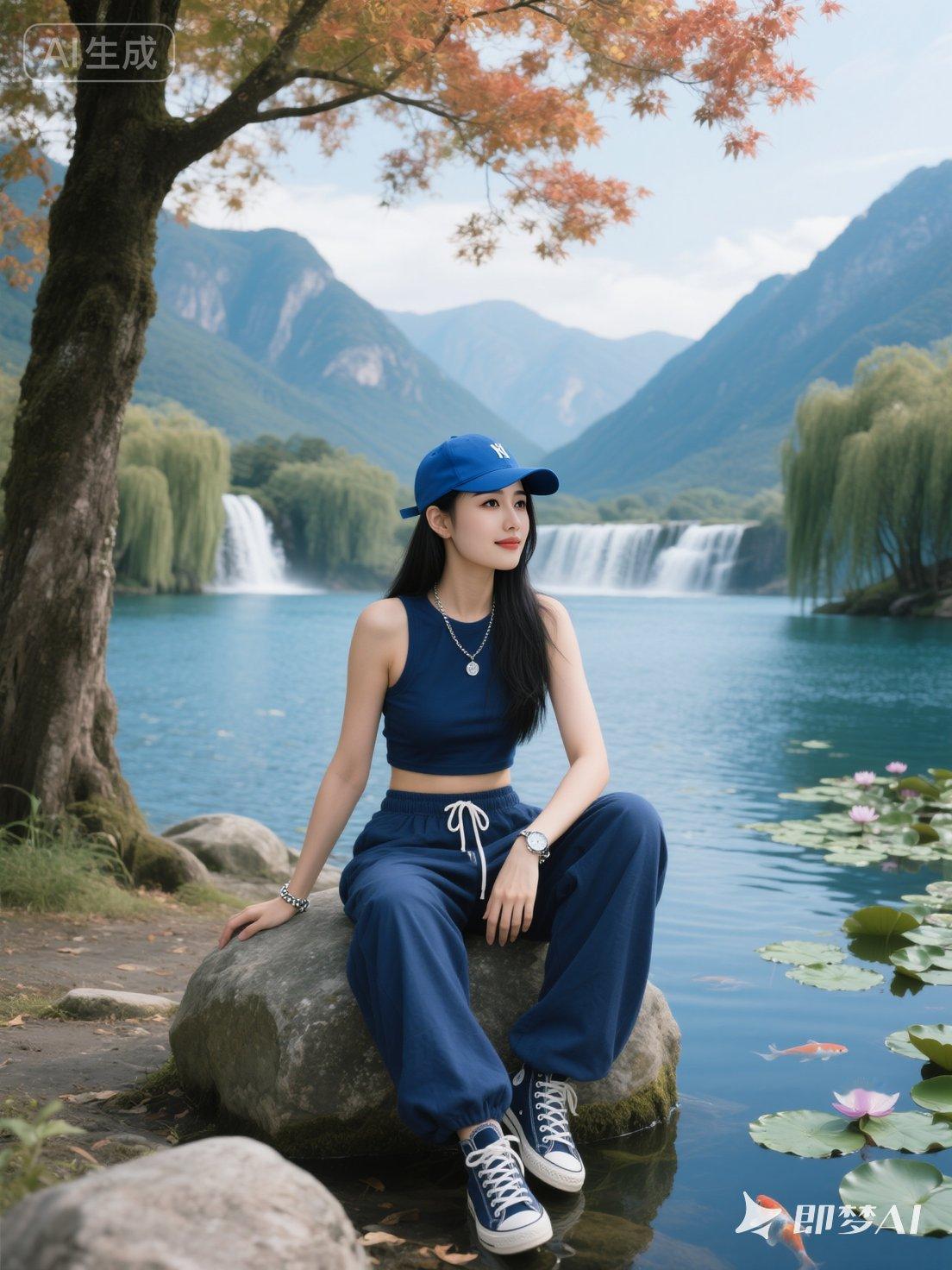 好身材的定义是什么？休闲时尚穿年轻女子长相不变，黑色长发，蓝色棒球帽，深蓝色无袖