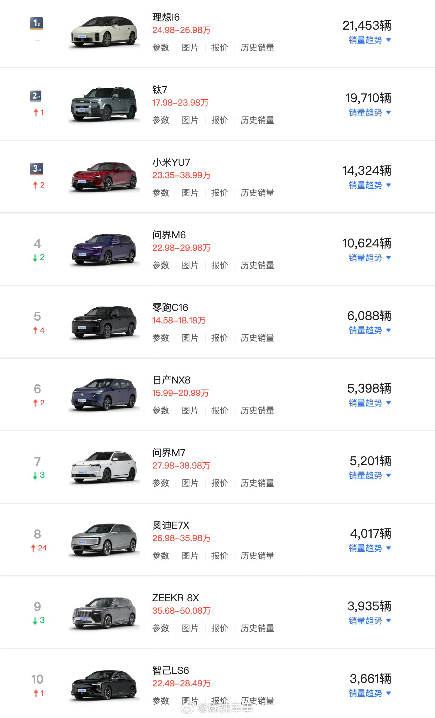 6月国内新能源车前十 