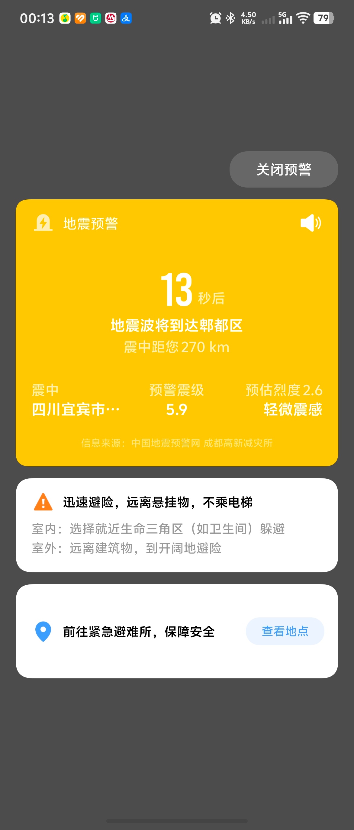 四川宜宾地震 刚刚手机弹出来宜宾有地震预紧，我在成都这感受到了有轻微摇晃，还挺吓