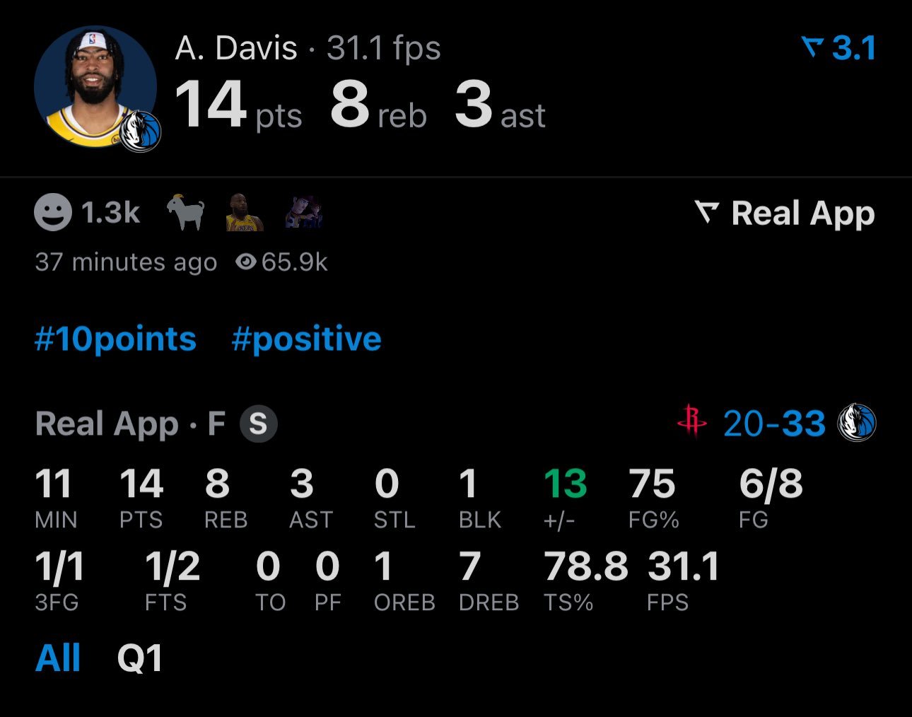 第一节浓眉14分8篮板3助攻1盖帽火箭20分10篮板4助攻0盖帽 