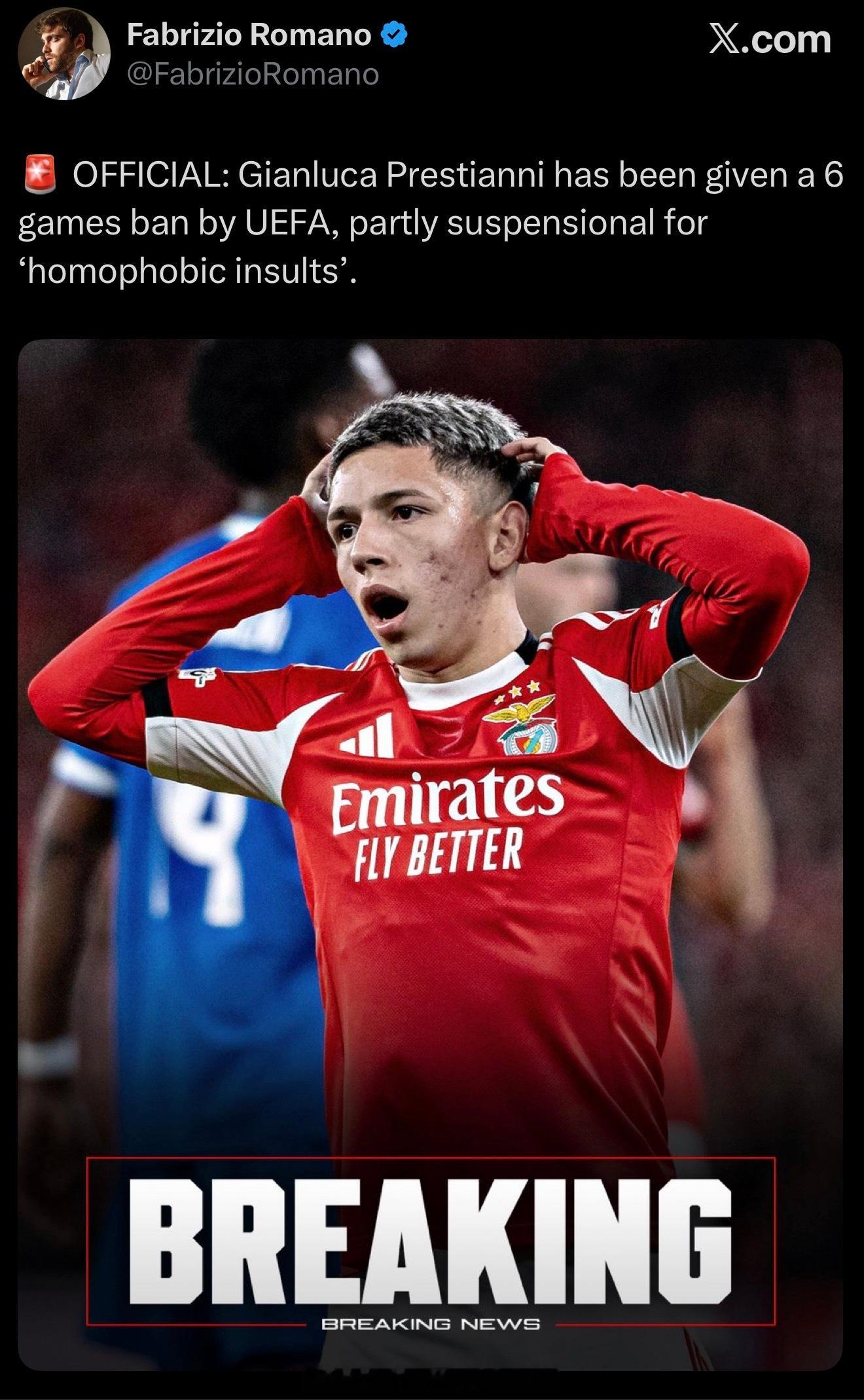 被欧足联禁赛6场！这谁，他干啥了？ 