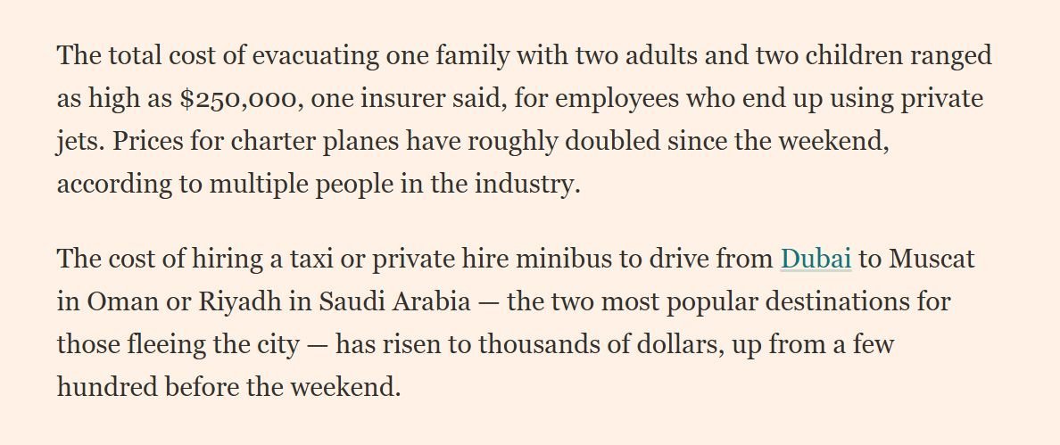 离开迪拜的成本对一个家庭来说已经飙升至25万美元，因为出租车和私人飞机的价格暴涨