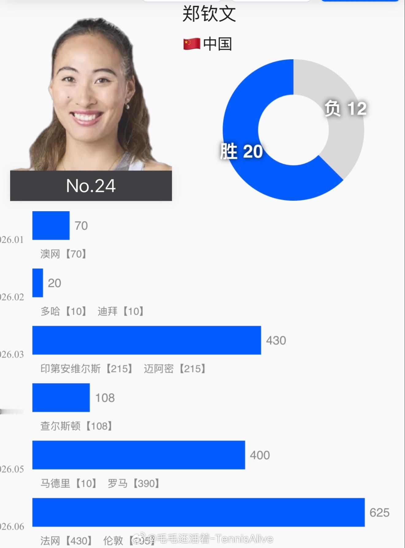 【郑钦文2025年主要战绩一览】四大满贯：澳网：第二轮法网：八强温网：第一轮没网