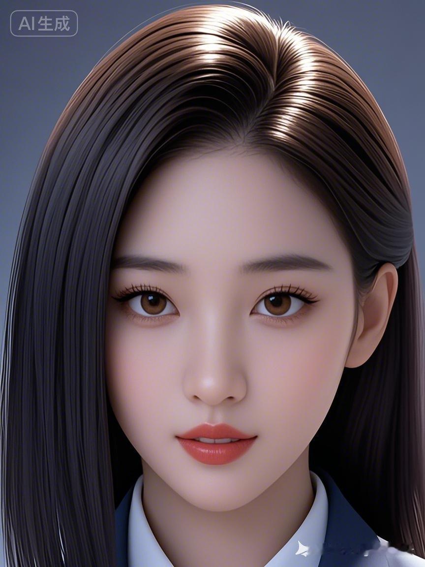 她身姿挺拔，乌发一丝不苟，肌肤细腻，目光明亮而聪颖，定格一幅端庄典雅的画面。