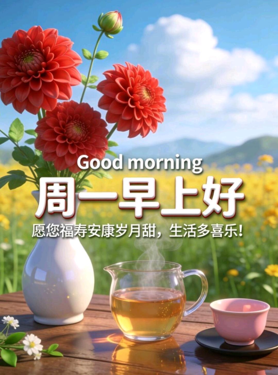 周一早安！一声问候，承载浅浅牵挂，盛夏高温持续，照顾好身体，安顿好心情，愿各位好