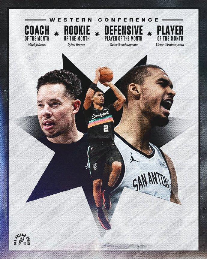 2月份的马刺队：大丰收！
西部月最佳球员：文班亚马
西部月最佳防守球员：文班亚马