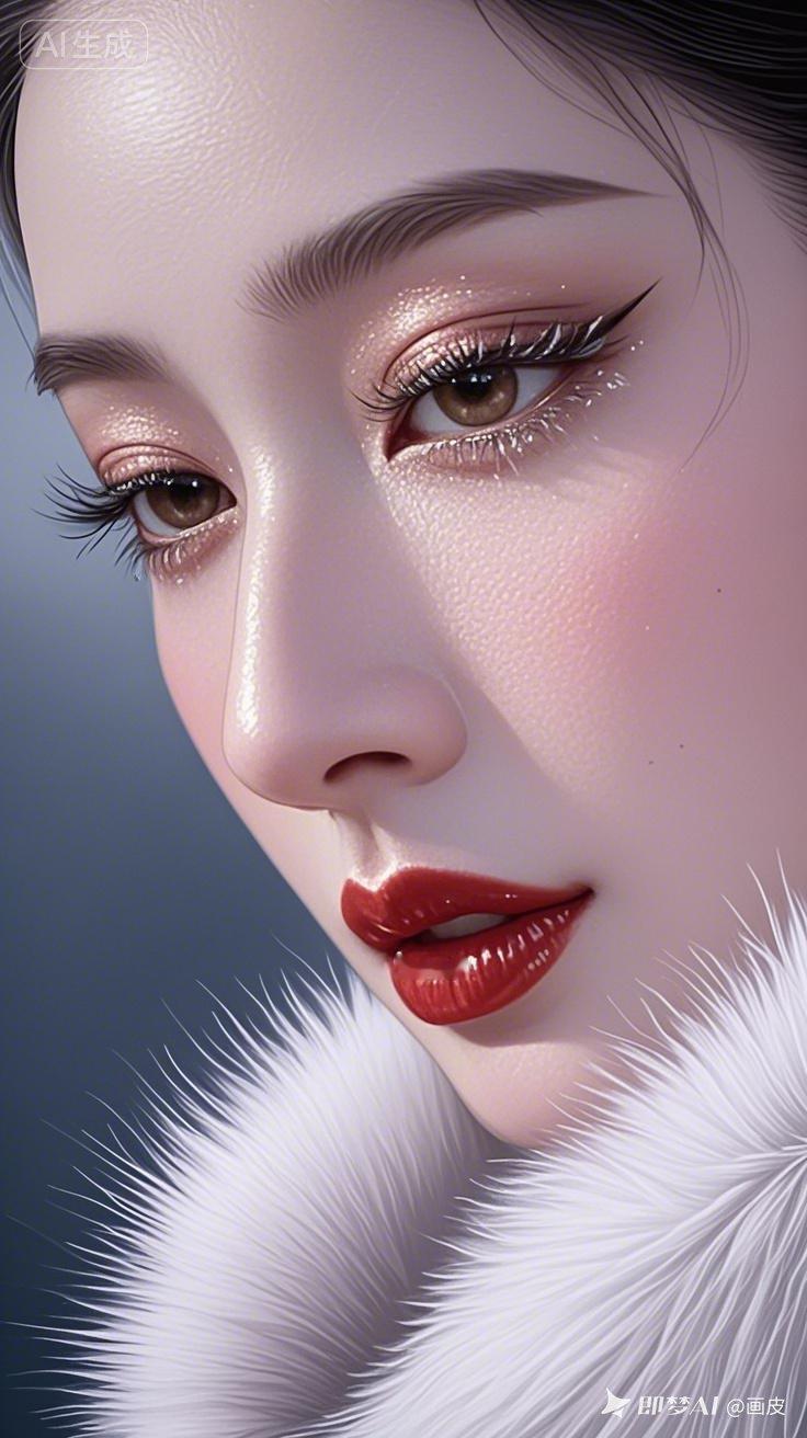 古代美人披白毛裘立雪间，工笔勾韵叠彩铅肌理，油画质感糅磨砂朦胧，光影强对比衬雪皓