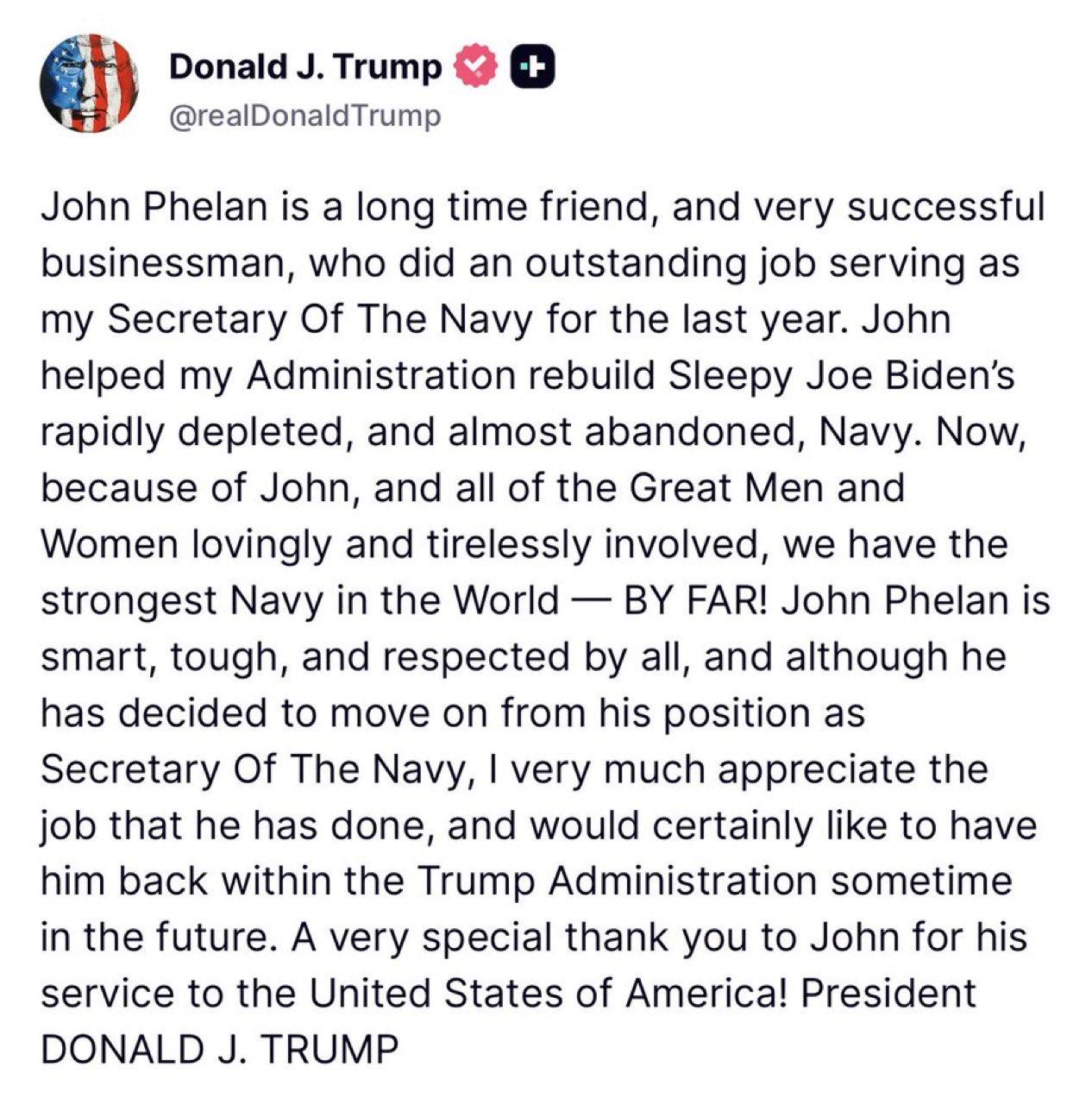 🚨 最新消息：特朗普总统盛赞即将卸任的海军部长约翰·费兰

“约翰·费兰是我的