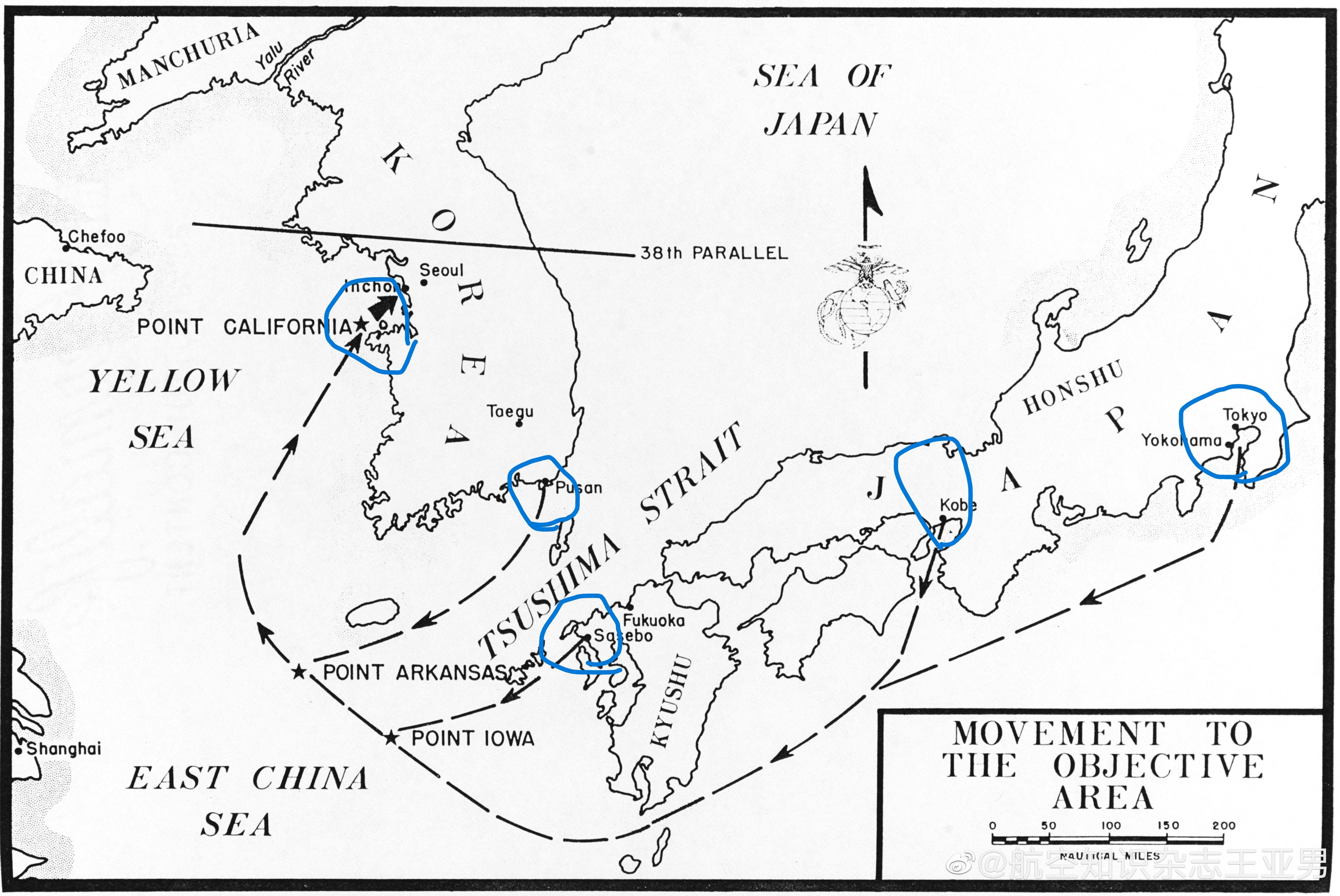 1950年9月美军仁川登陆示意图。地图显示了登陆部队运动路线，图中可以看出，美军