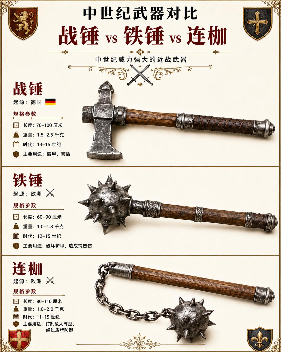 在中世纪后期板甲普及之后，刀剑劈砍很难对穿戴重甲的骑士造成有效伤害，依靠冲击力杀