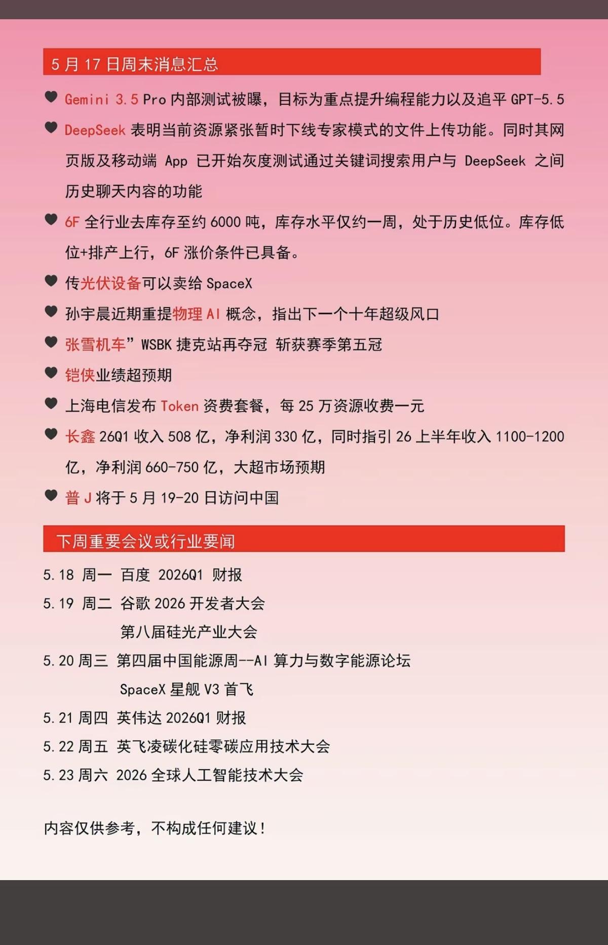 5年18周一  财经热点信息+下周行业会议！

1.Deepseek
2.六氟磷