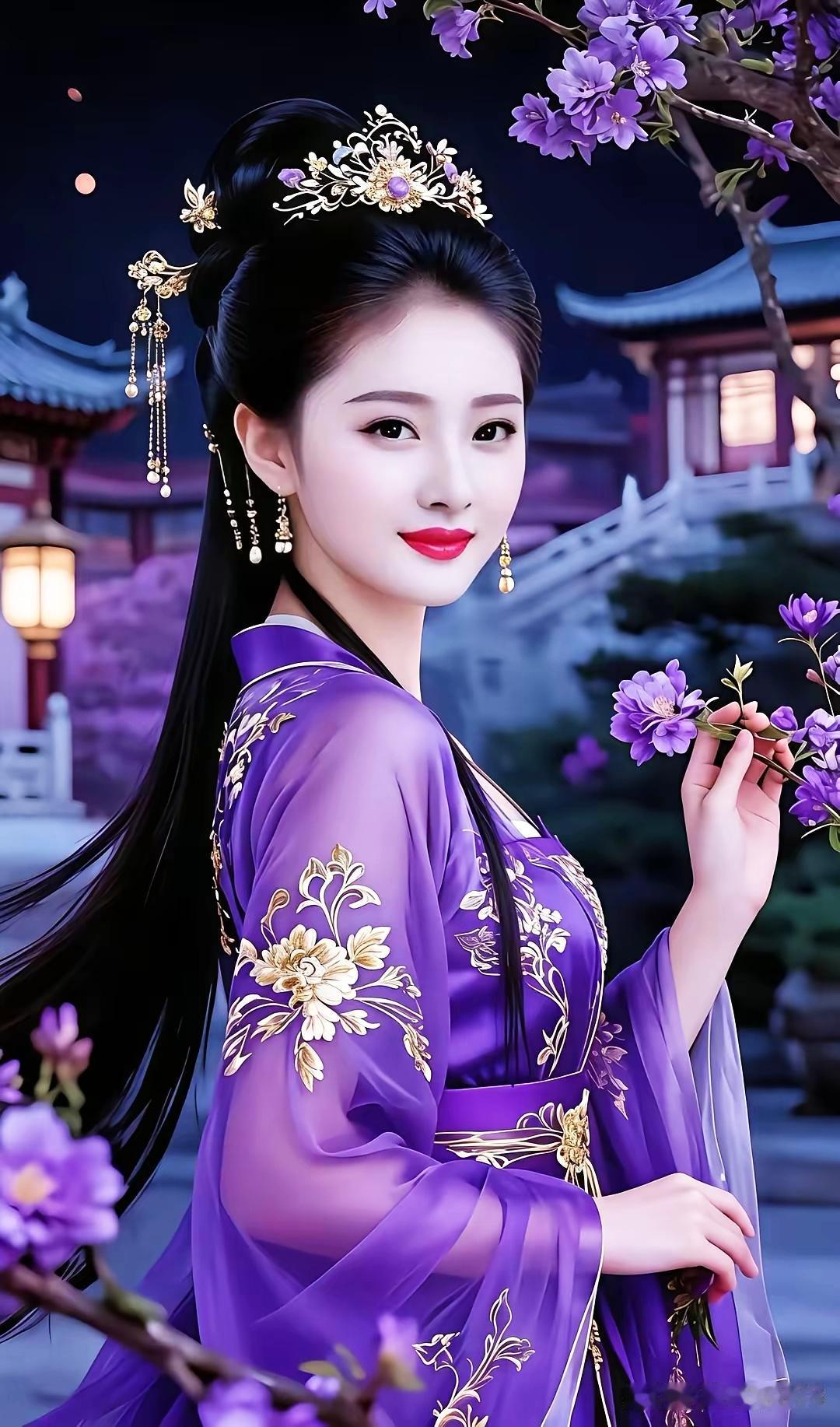 这姑娘穿着紫色旗袍真好看！