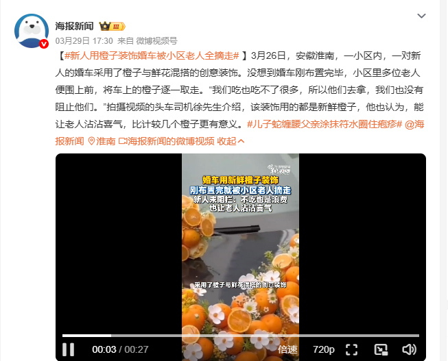 新人用橙子装饰婚车被小区老人全摘走 3月26日安徽淮南一小区，新人婚车用橙子鲜花