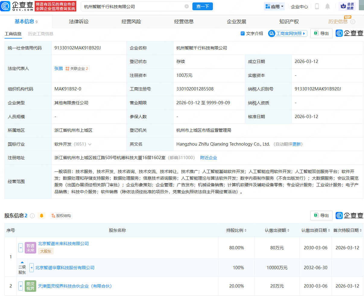 智谱等在杭州成立智赋千行科技公司
