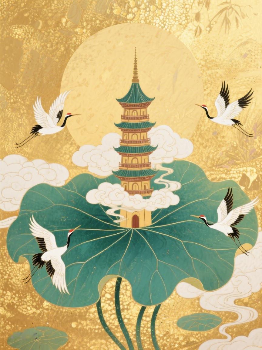 AI妙生图金色云海间，宝塔立于荷畔，仙鹤翱翔，似在诉说跨越时空的悠远哲思✨