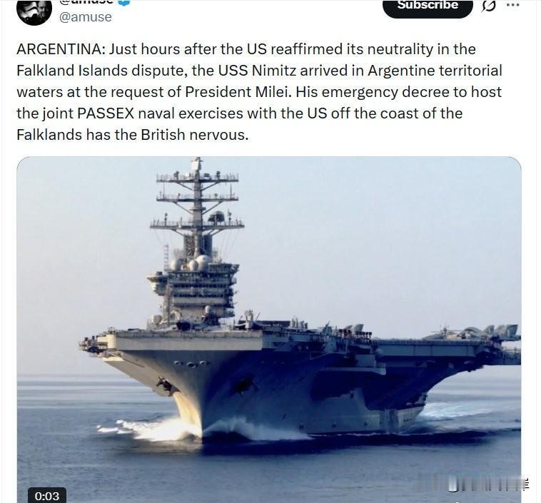 阿根廷：就在美国重申在福克兰群岛争端中保持中立数小时后，应Milei总统的要求，