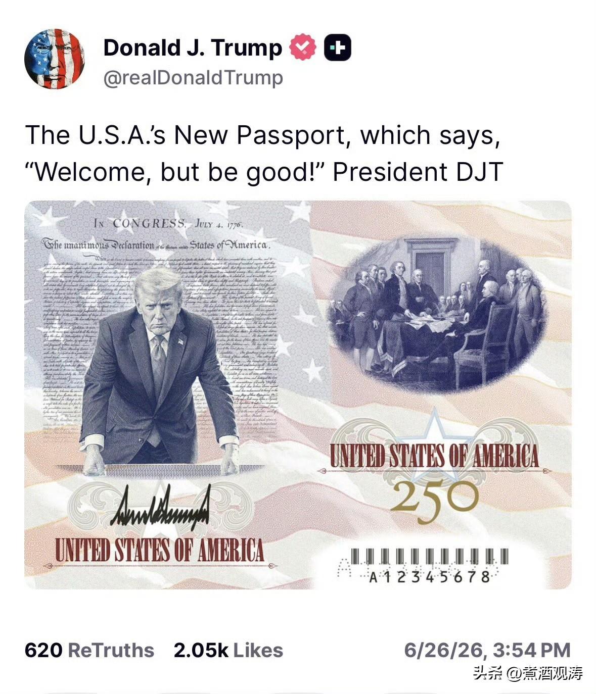 特朗普说这是美国的新护照：“美国新护照上写着：欢迎，但要善良。”250纪念护照？