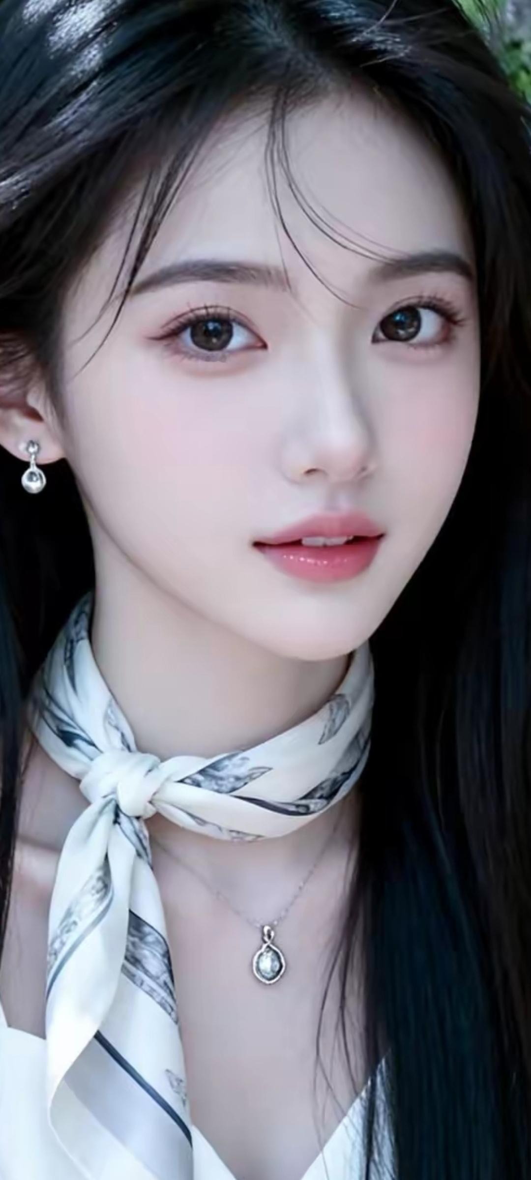 温柔甜美的少女，黑白条纹丝巾，精致耳环，清新自然。