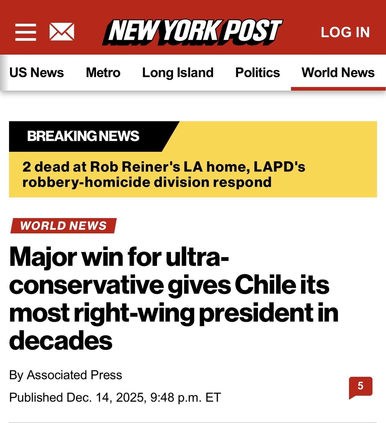 极右翼政党取得重大胜利，智利迎来数十年来最右翼的总统。

智利极端保守的前立法者