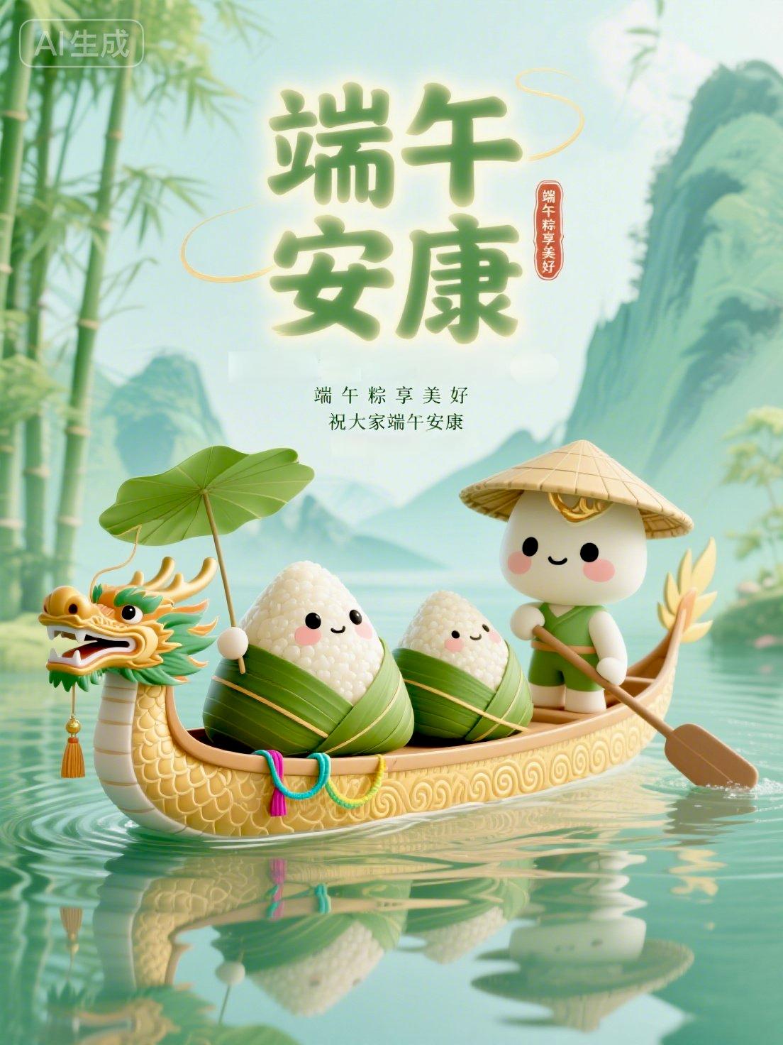 七言·端午三首
 
其一
 
艾草悬门拂暑光，
青粽裹米溢清香。
龙舟竞渡江风软