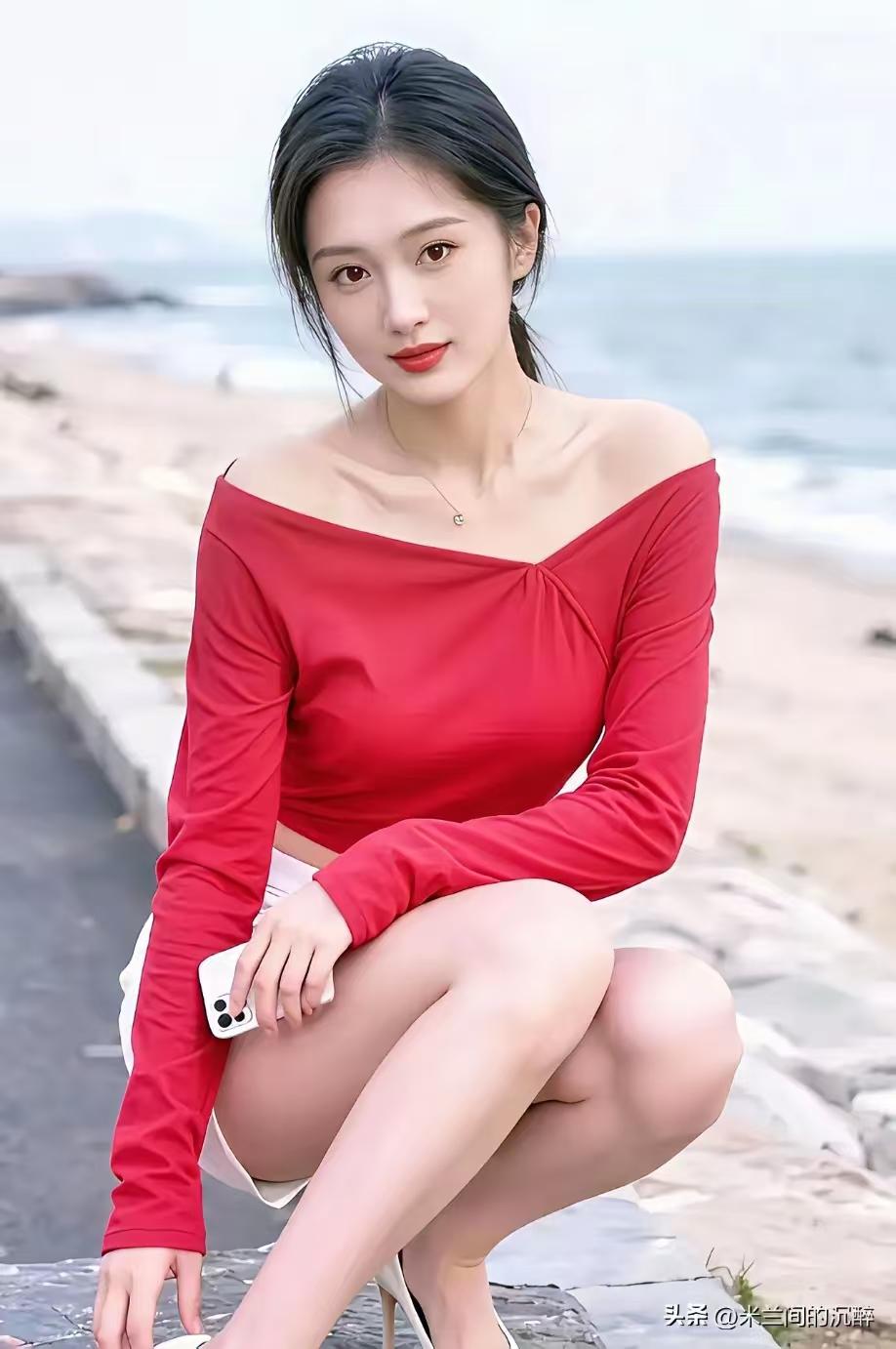 海畔红衣
一抹红衣倚碧澜，
清风漫卷海天宽。
闲持小物悠然坐，
醉尽烟波暮色欢。