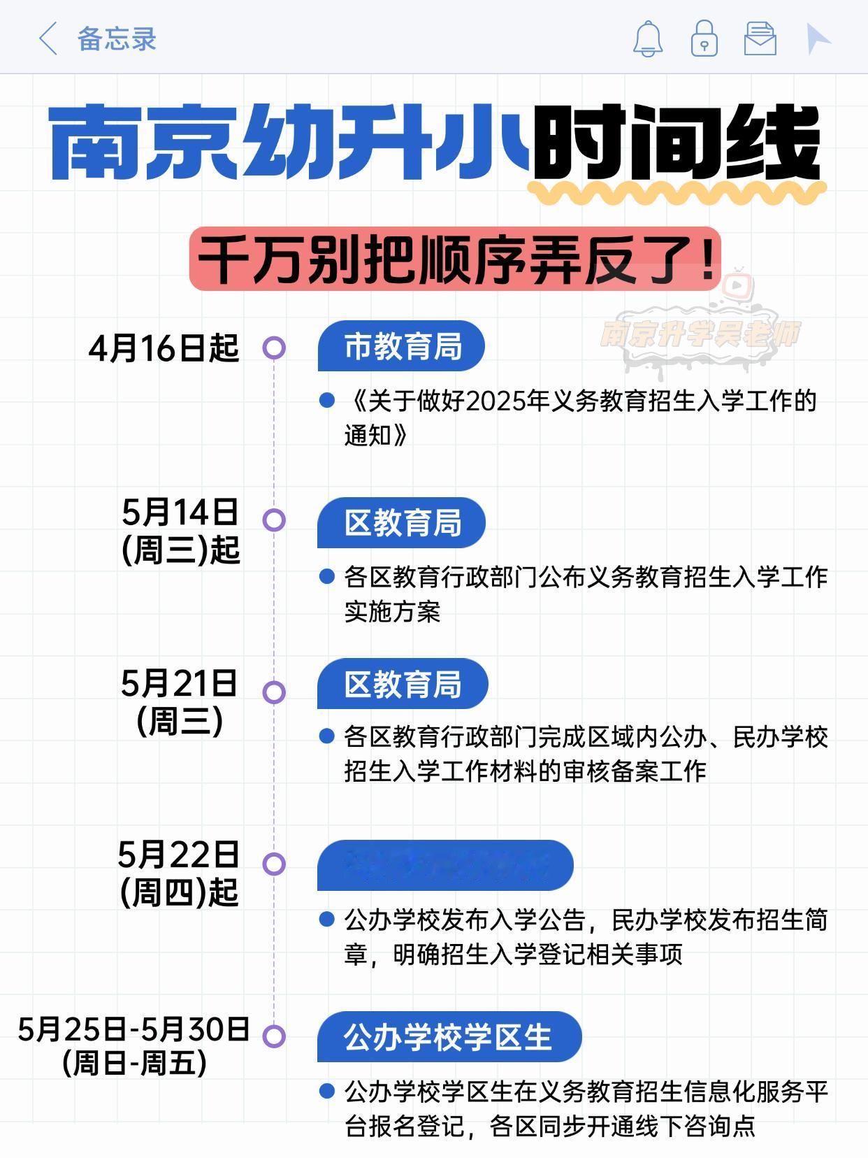 南京幼升小大事件🔥
幼升小的家长注意升学时间线，接下来每个月都需要家长们额外关