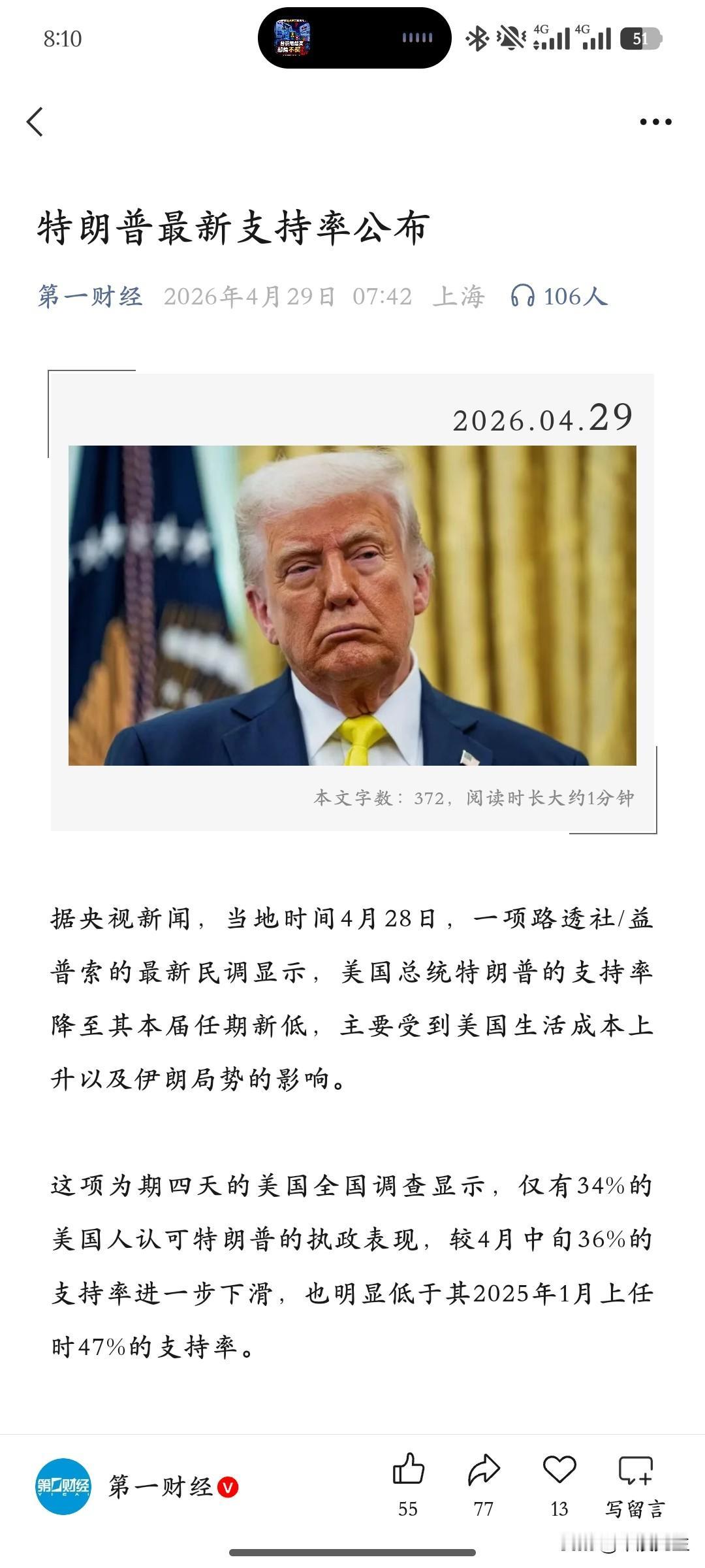 本月美国民调显示特朗普的支持率降低到了34%。拜登在执政期间的最低民调支持率是3