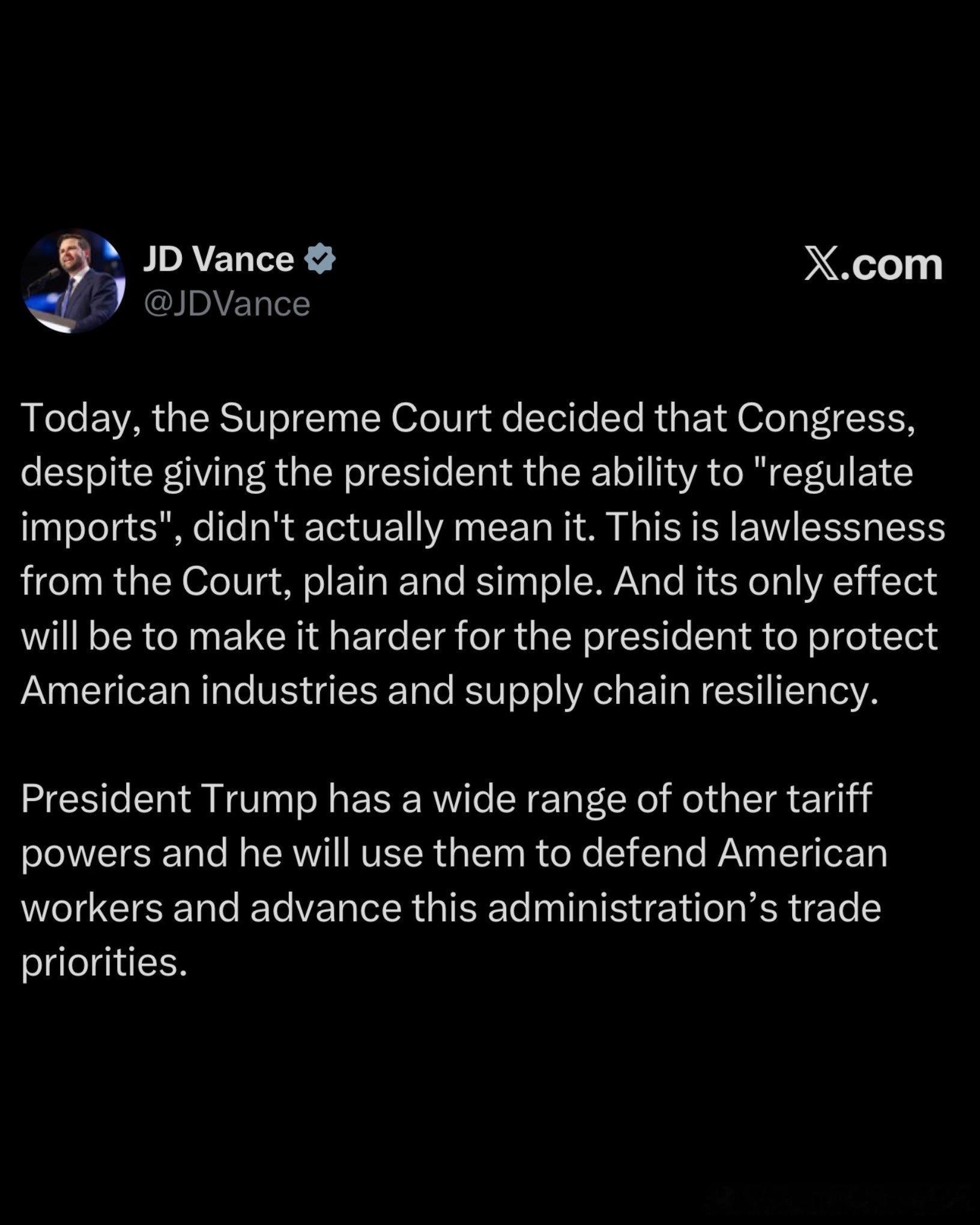 【黄金时代】副总统万斯猛烈抨击了最高法院的关税裁决。“这完全是最高法院的违法行为