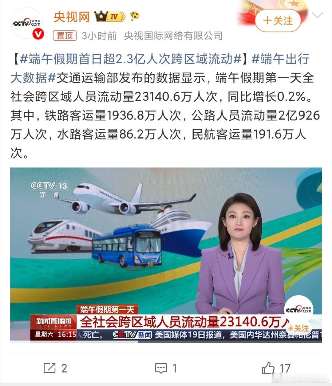 端午假期首日超2.3亿人次跨区域流动端午节的假期太短了，说实话没必要出去人挤人，