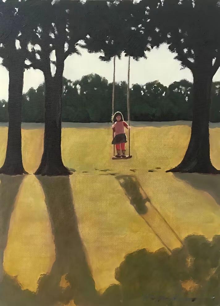 秋日暖阳下，小女孩荡秋千，童真无邪。