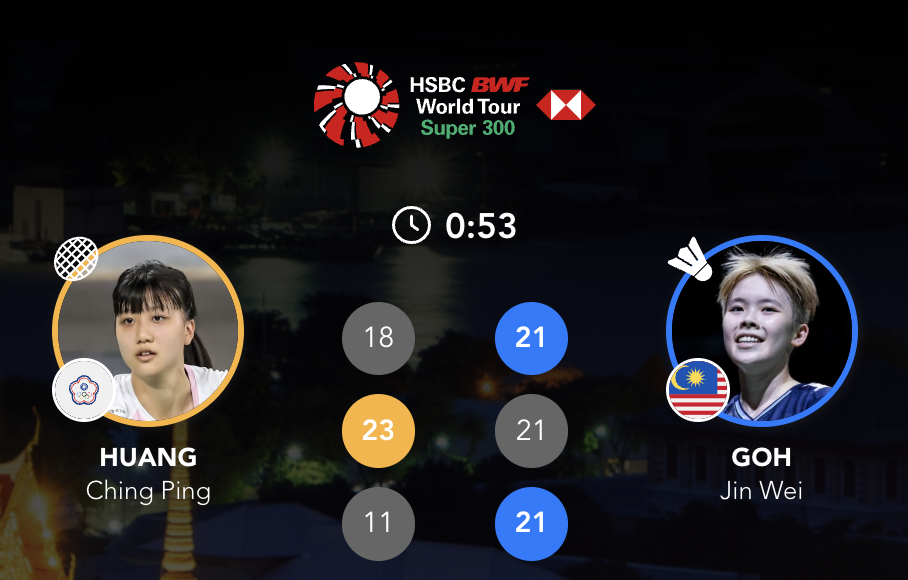 吴堇溦🇲🇾 21-18、21-23、21-10 黄瀞平下轮对手：韩千禧🇨?