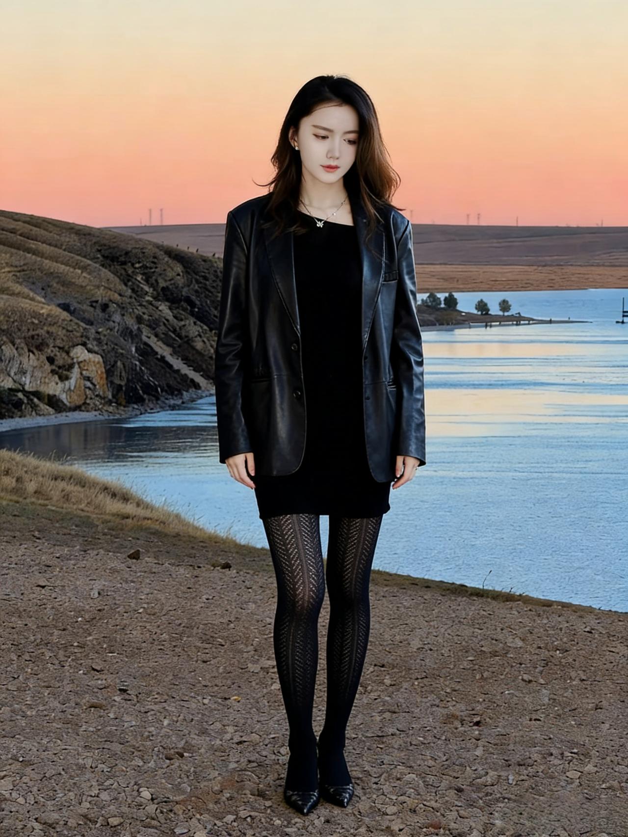 她是荒岸的黑蝶，披着皮衣的翅
黑裙是蝶的腹，网袜是蝶的纹
落在暮色的海上，不飞，