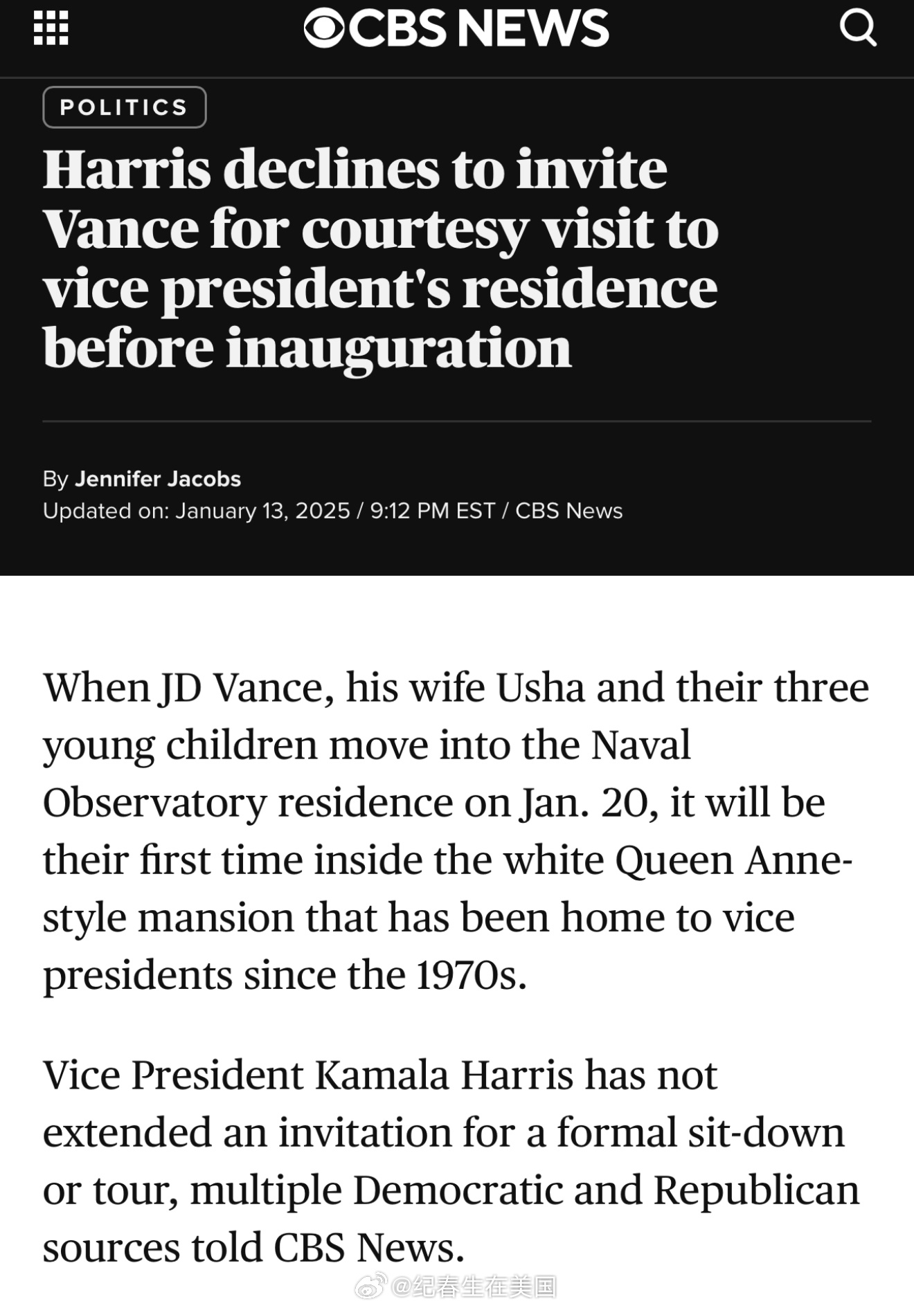 1月20日，JD Vance一家将搬入副总统官邸: 天文台环路一号，但Harri