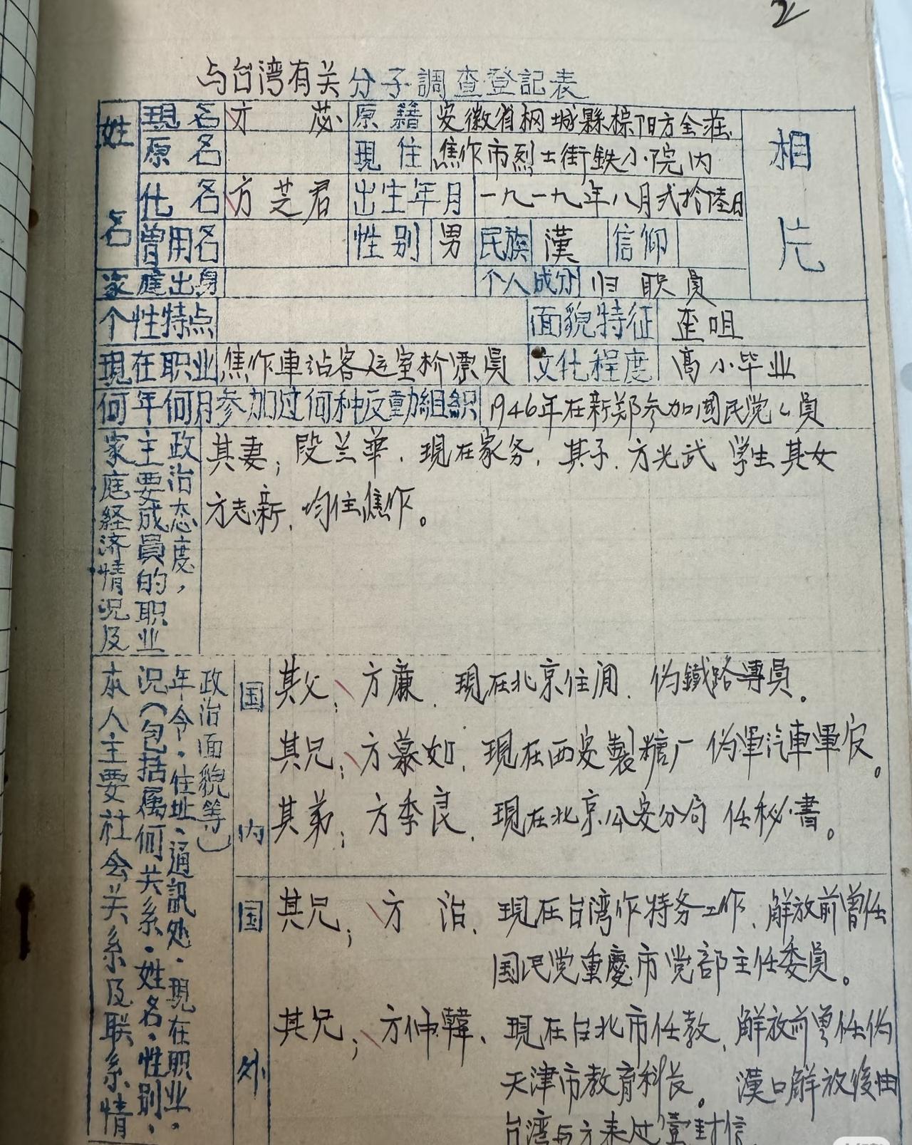 这是1959年，一份《与台湾有关分子调查登记表》。
在这份纯手工绘制的表格中，我