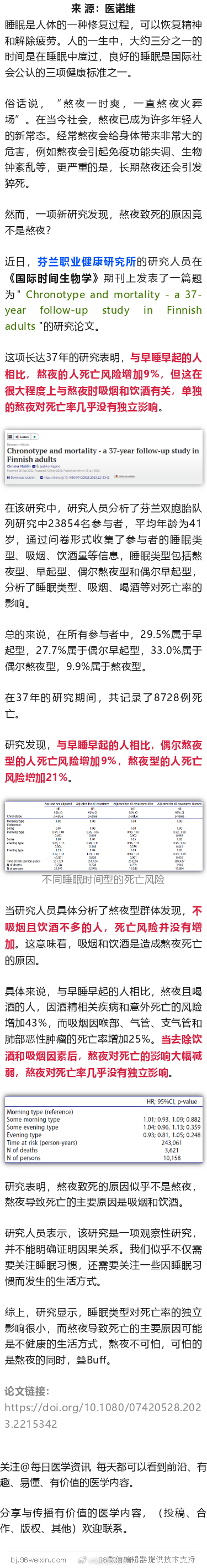 颠覆！37年研究发现，熬夜致死的原因竟不是熬夜，而是这2件事…近日，芬兰职业健康