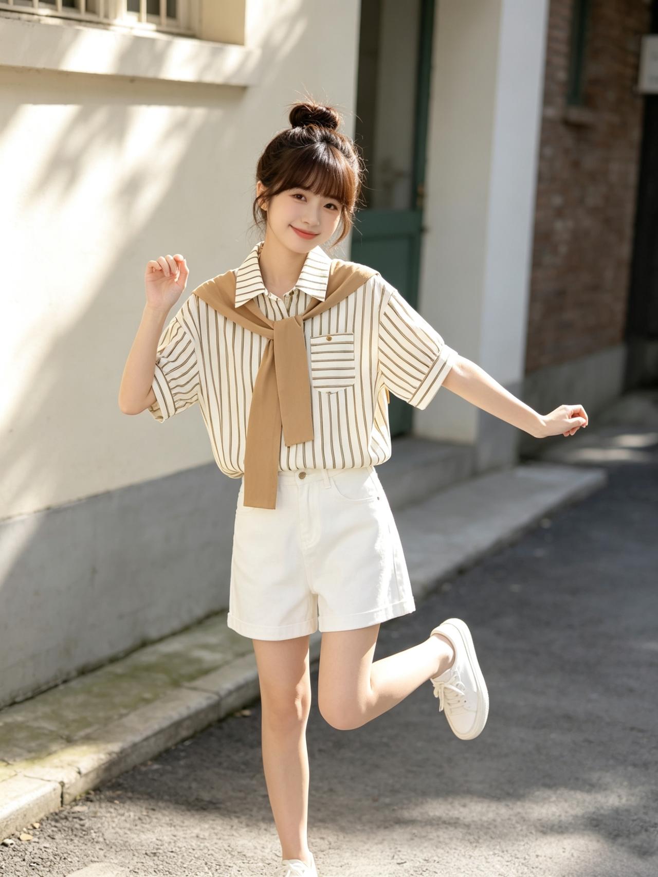 夏日清新穿搭，条纹衬衫+白色短裤，活力满满！🌞👗👟有什么舒服好看的女生穿搭