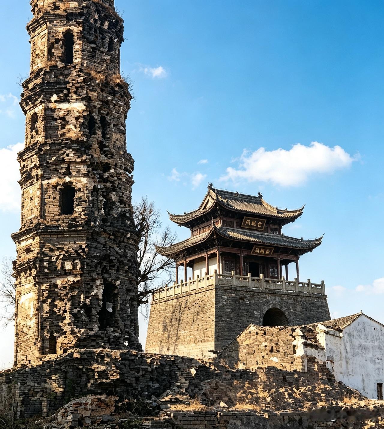 鄂城二塔，一东一南，承明代风骨，载古城文脉。东门塔踞凤凰台旧址，砖木为骨，八方凌
