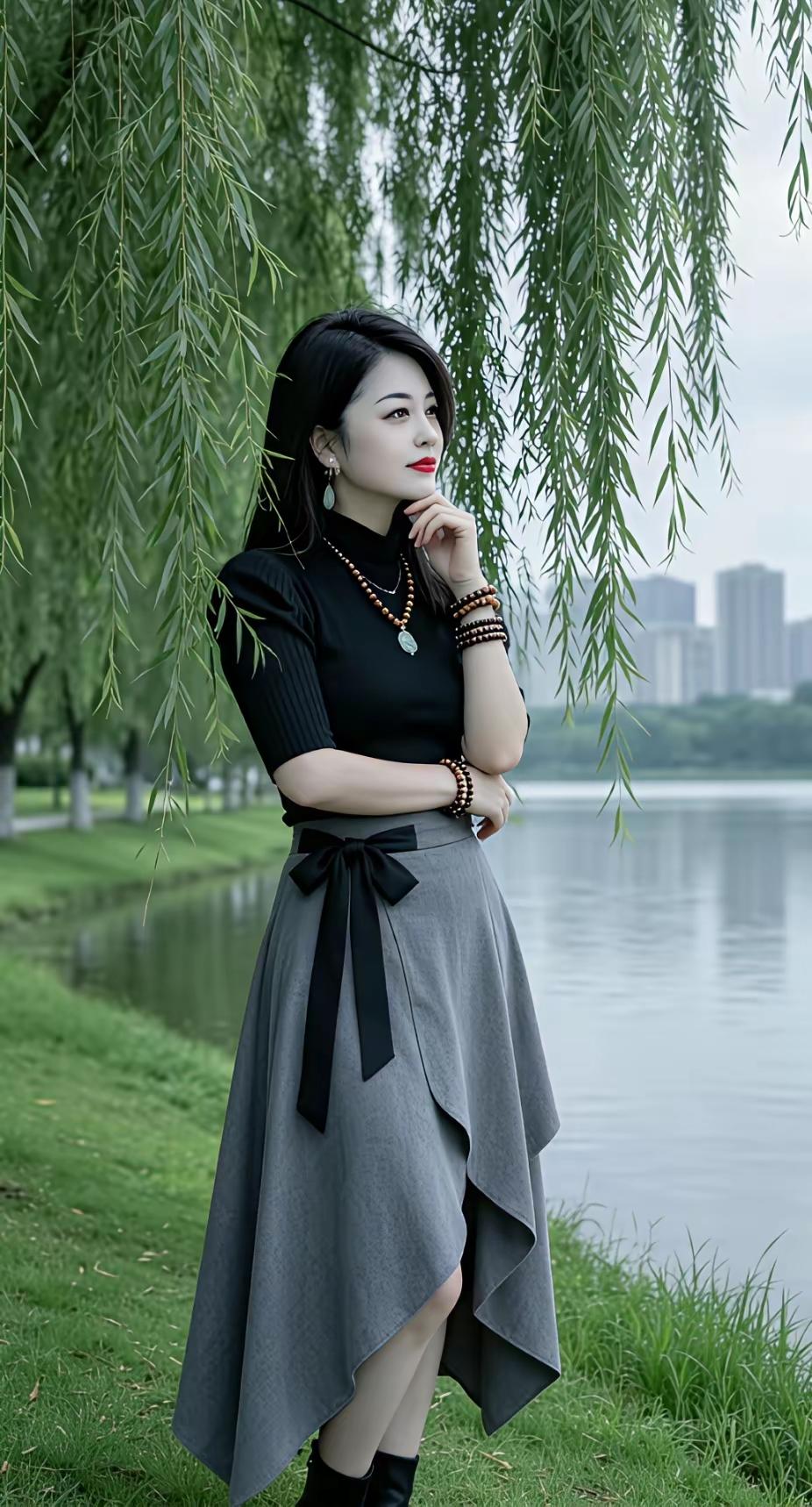 一个女孩在湖边摆姿势拍照。