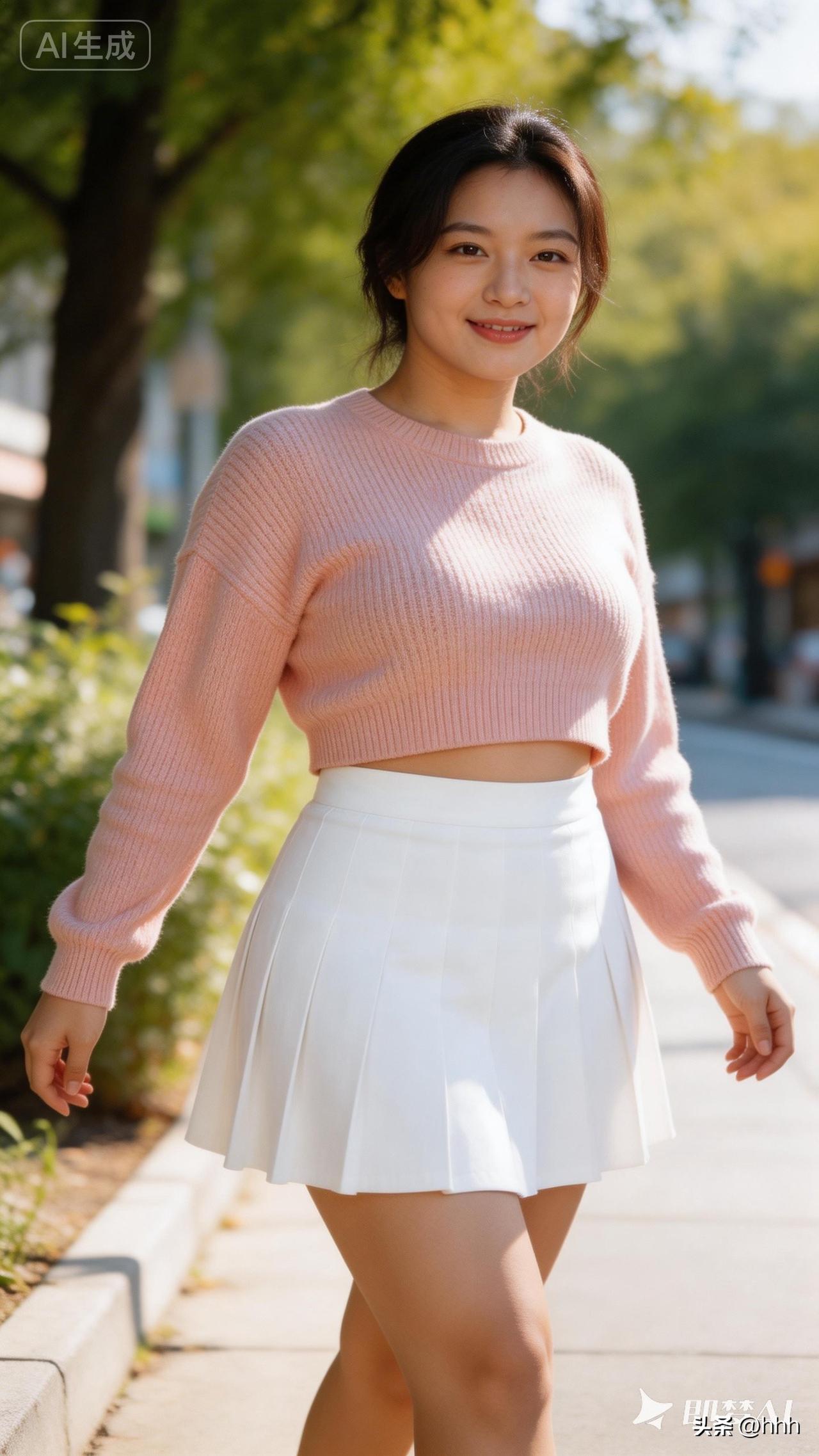 粉嫩毛衣搭配白色百褶裙，元气满满的一天！🌞👗👗