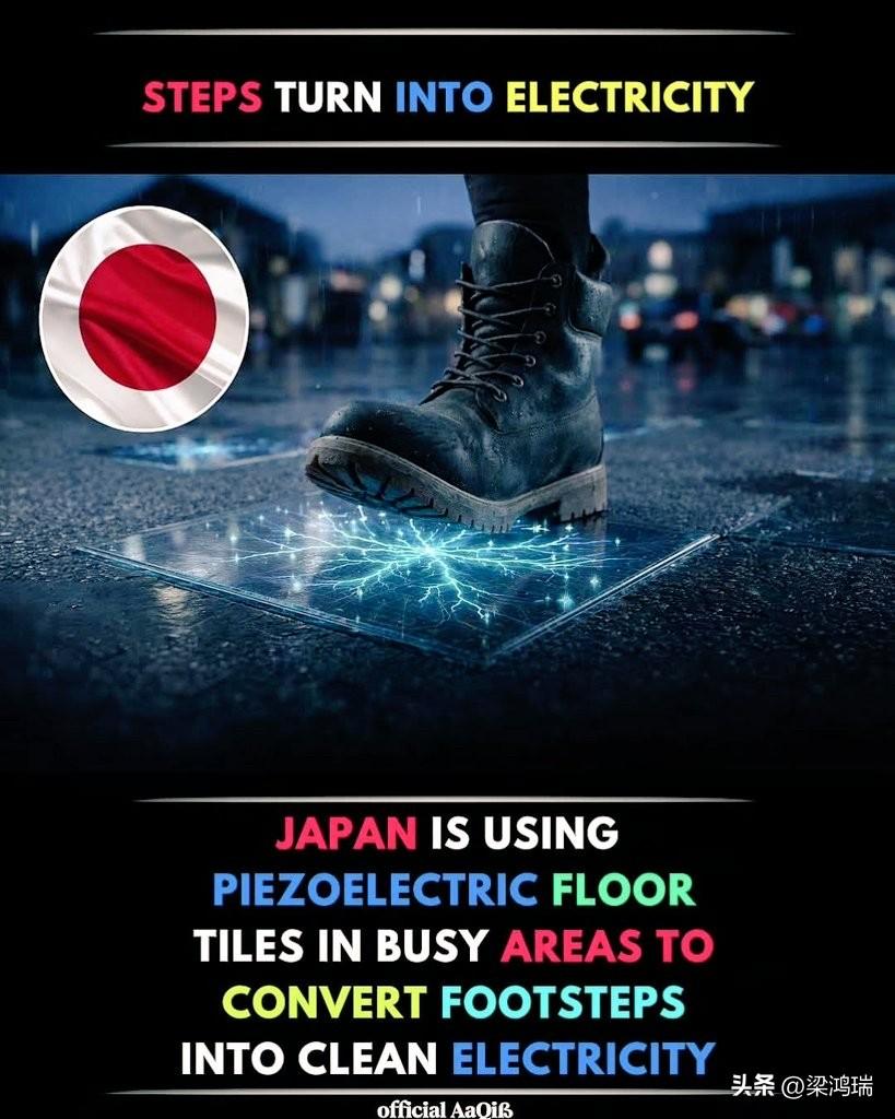日本正在涩谷站和东京站等繁忙地区使用压电地板砖，将日常脚步转化为清洁电力。

压