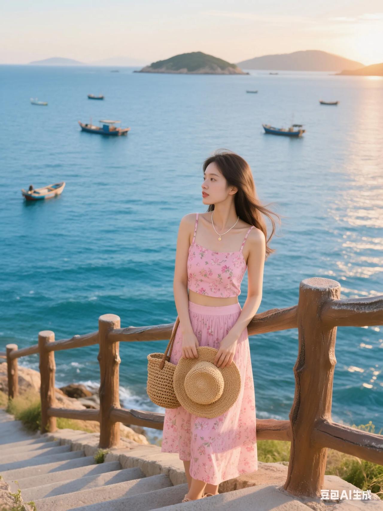 海边漫步，粉裙飘飘，感受海风轻拂。