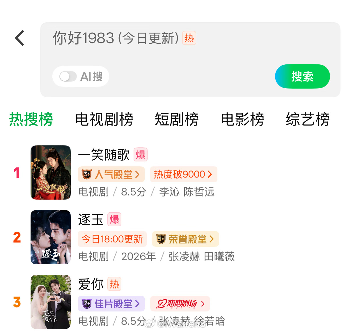 陈哲远一笑随歌爱奇艺站内双榜登顶了；张凌赫两部剧逐玉爱你也进了双榜前三了……一笑