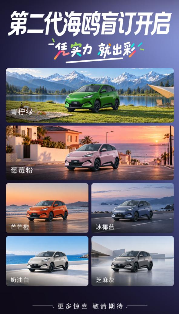 比亚迪第二代海鸥开启盲订，订金2000元，可退。小道消息预扣款是8.5万、9.5
