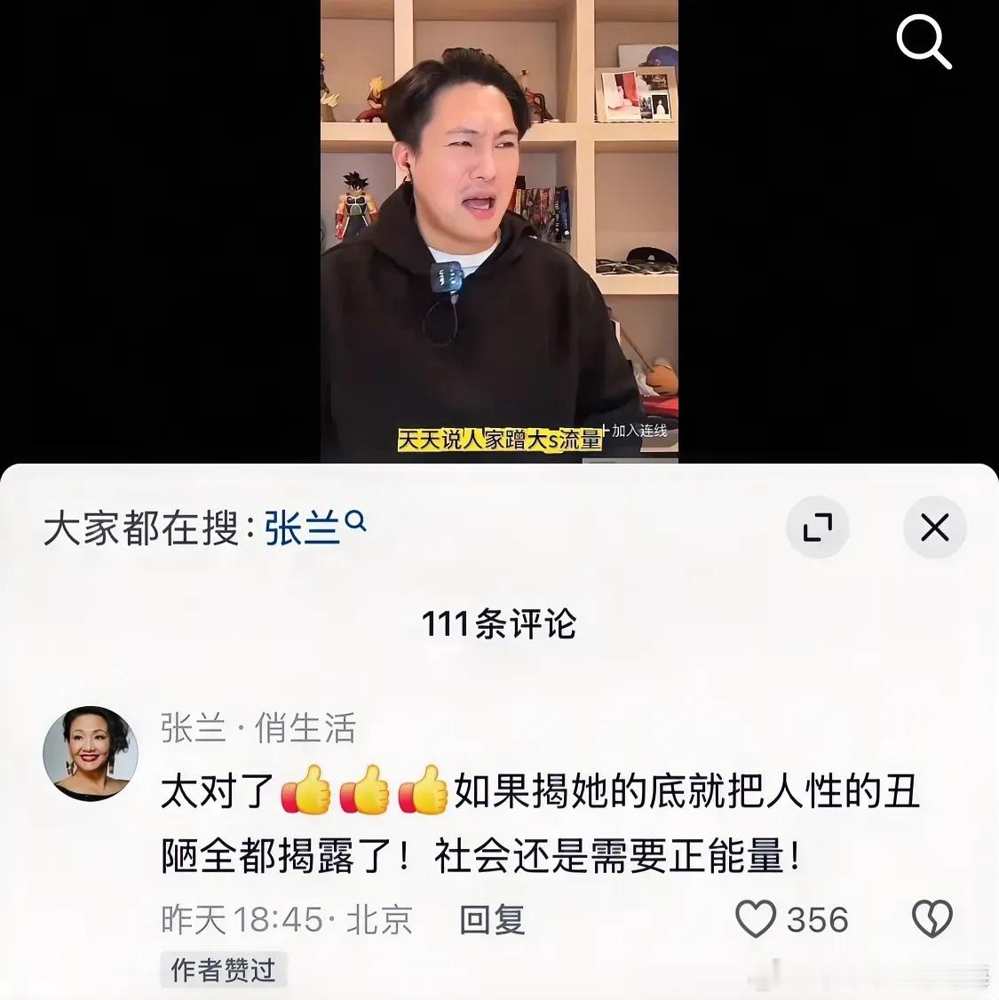 张兰在某博主评论区留言，如果揭大S的底，就是把人性的丑陋全揭露了！我们需要正能量