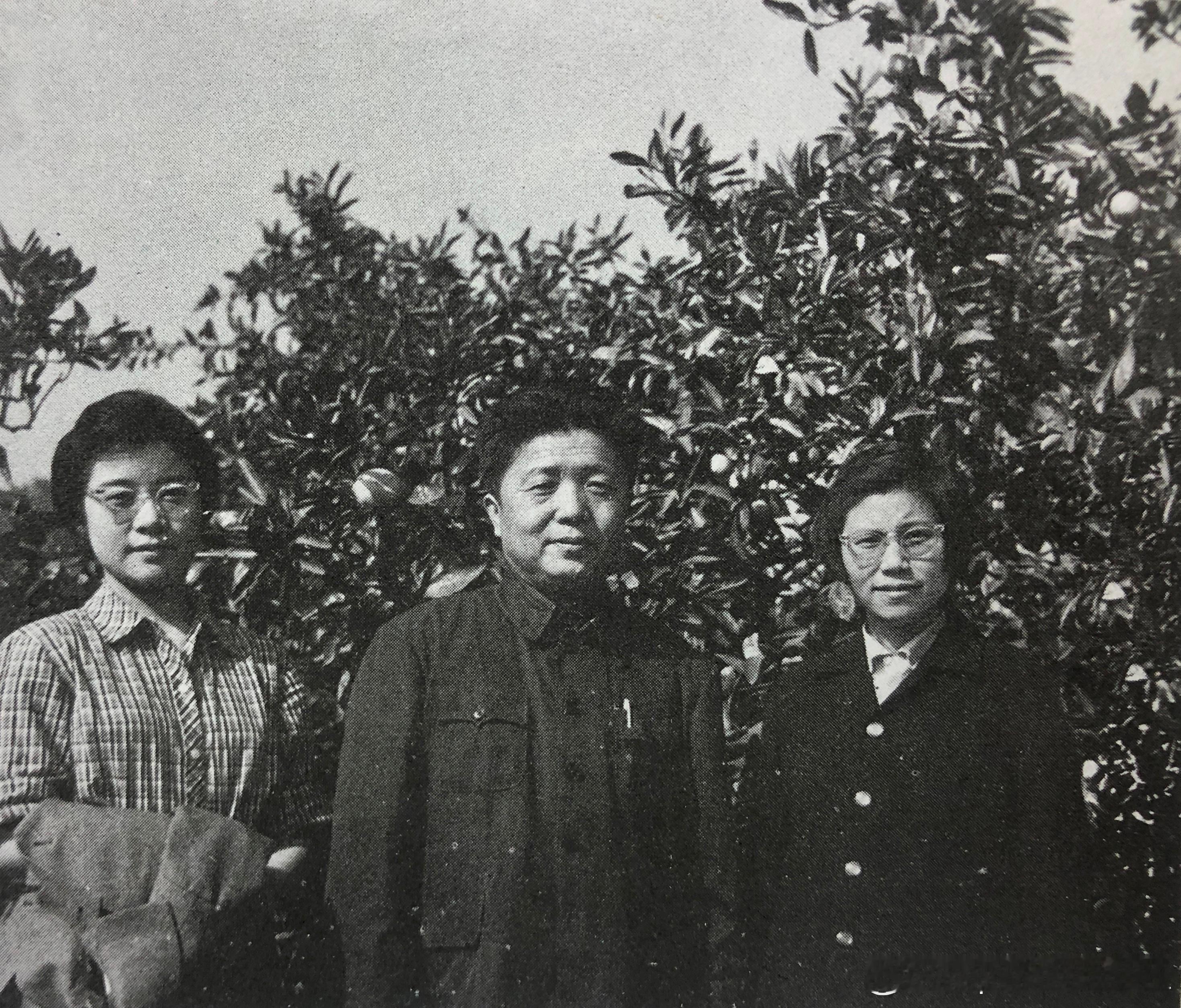 1974年秋湖南省公安厅厅长高文礼（中）与王海容（右）、唐闻生（左）在长沙历史影