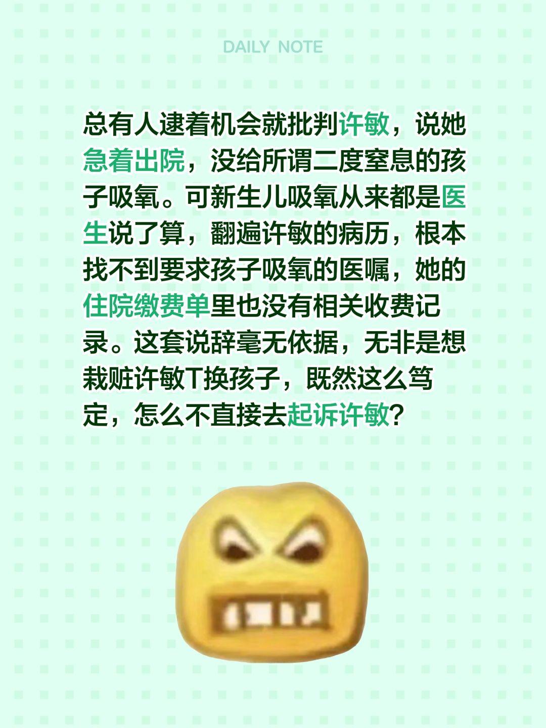 总有人逮着机会就批判许敏，说她急着出院，没给所谓二度窒息的孩子吸氧。可新生儿吸氧