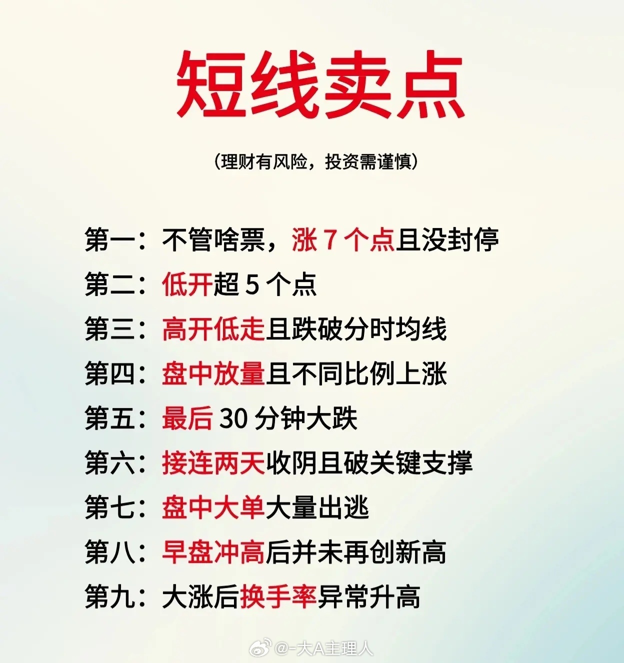 一套短线交易中建议卖出股票的九种具体情况。一、 九个短线卖点1. 涨幅未封停：不