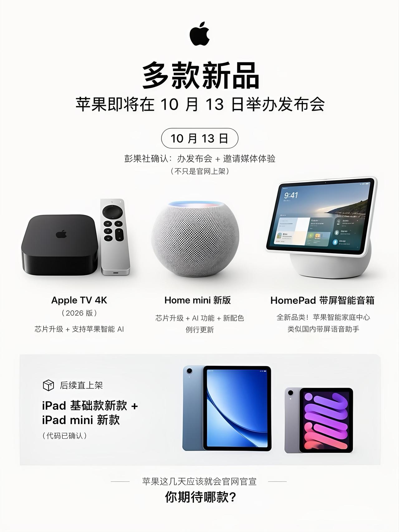 苹果又要开新品发布会了，时间定在10月13号，彭博社已经确认，这次不光是官网悄悄