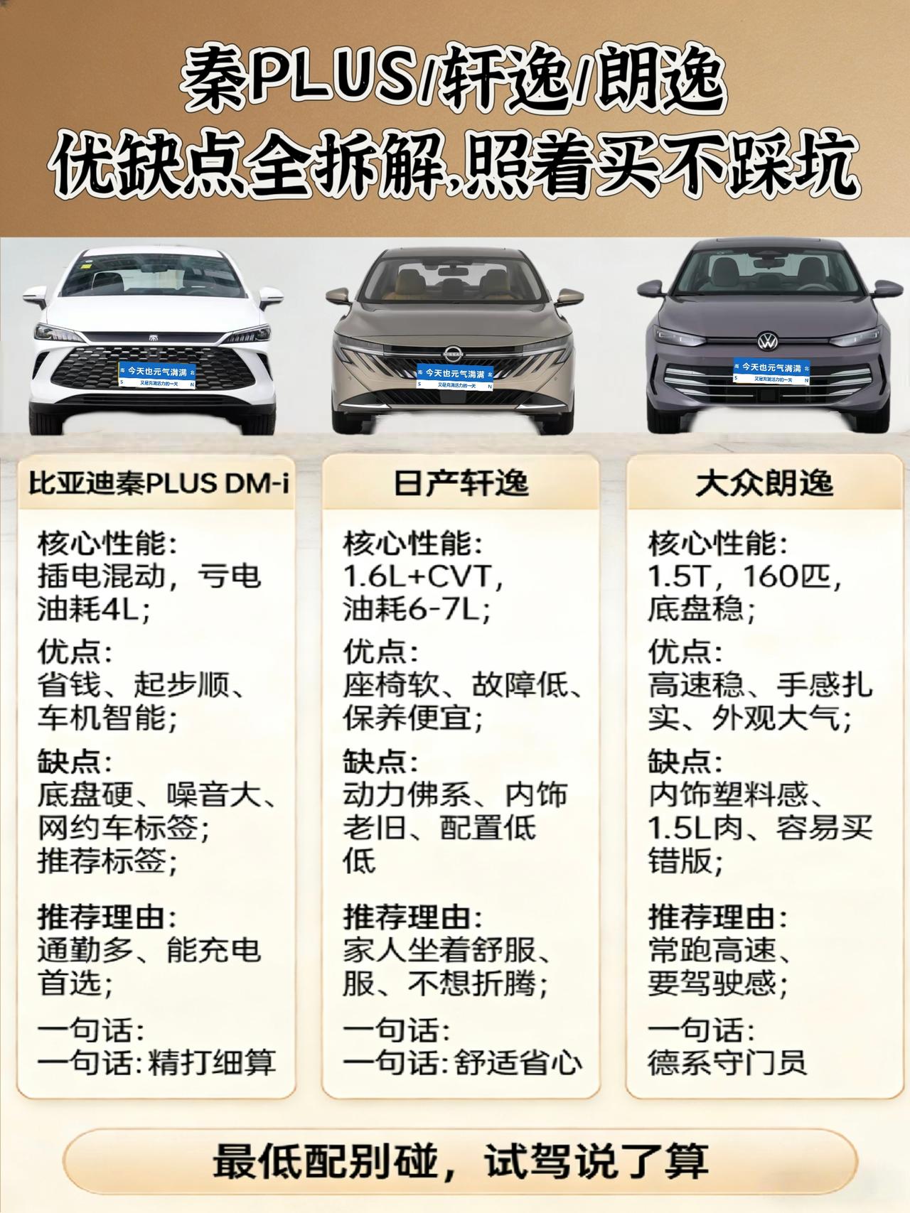 10万级家轿秦PLUS/朗逸/轩逸怎么选？
兄弟们，手里捏着10万块想买个家用的