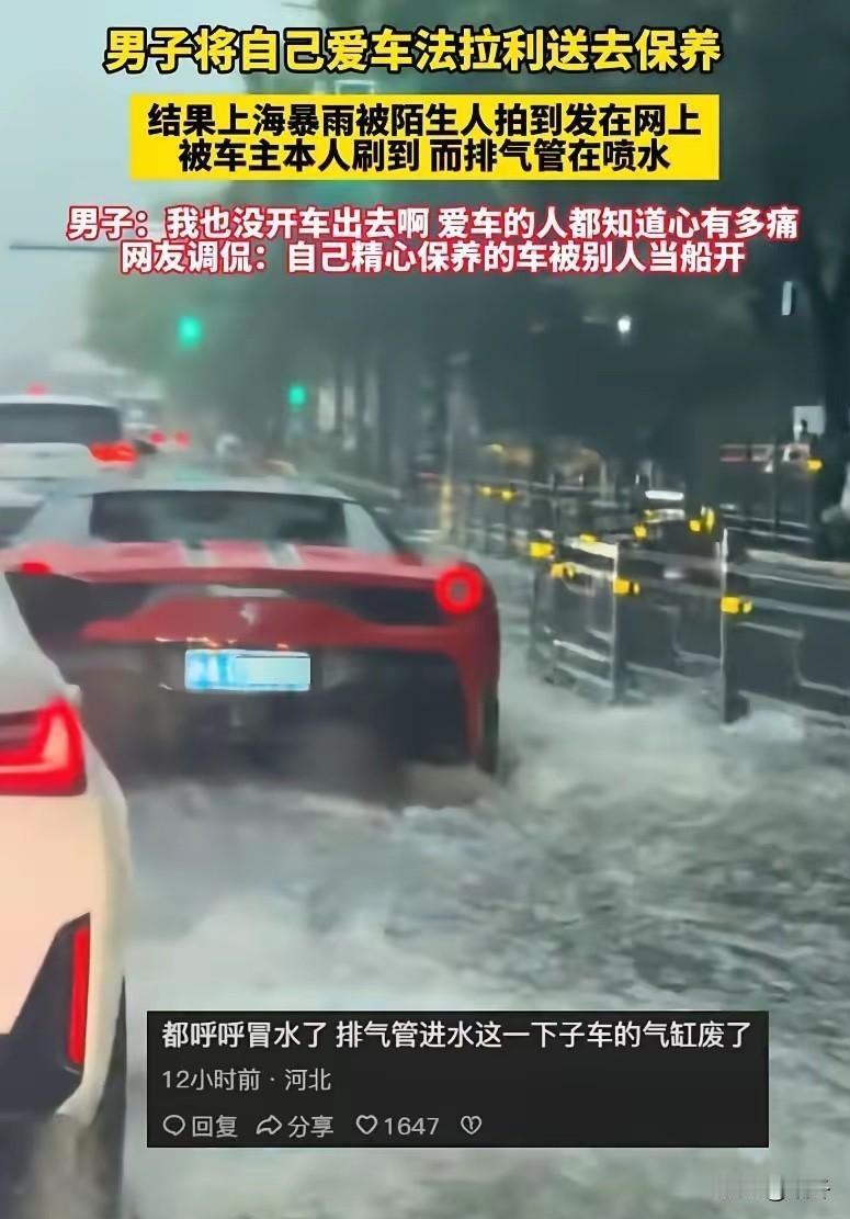 400万法拉利送店保养，车主在家刷视频，撞见技师暴雨偷开涉水疯跑
 
真的离谱到